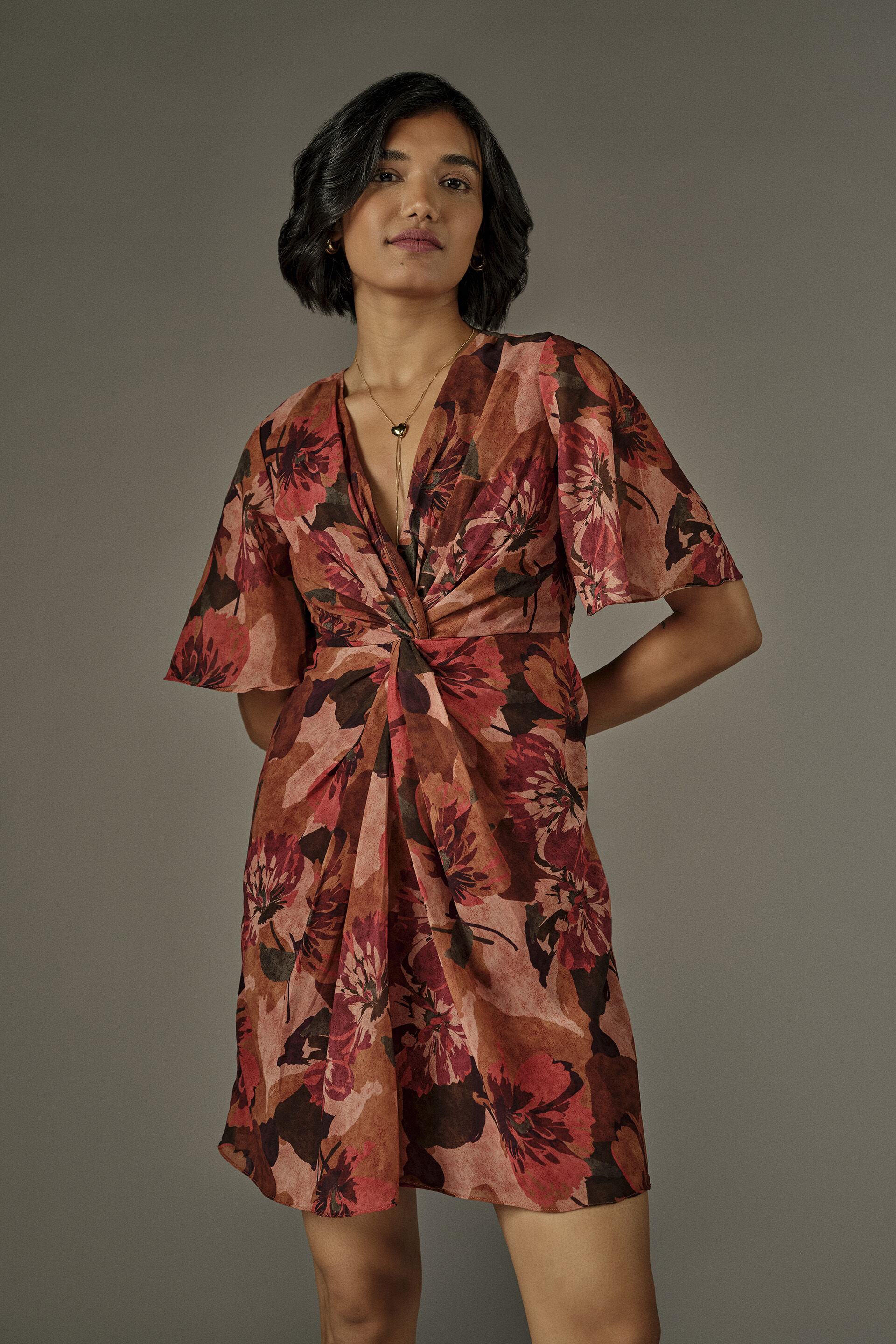 Twist Detail Floral Mini Dress in Orange, Orange, image 1